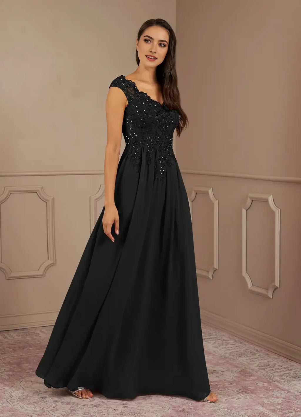 Black A-Line V-Neck Sequins no sleeves Bodice Mother of the Bride Dresses