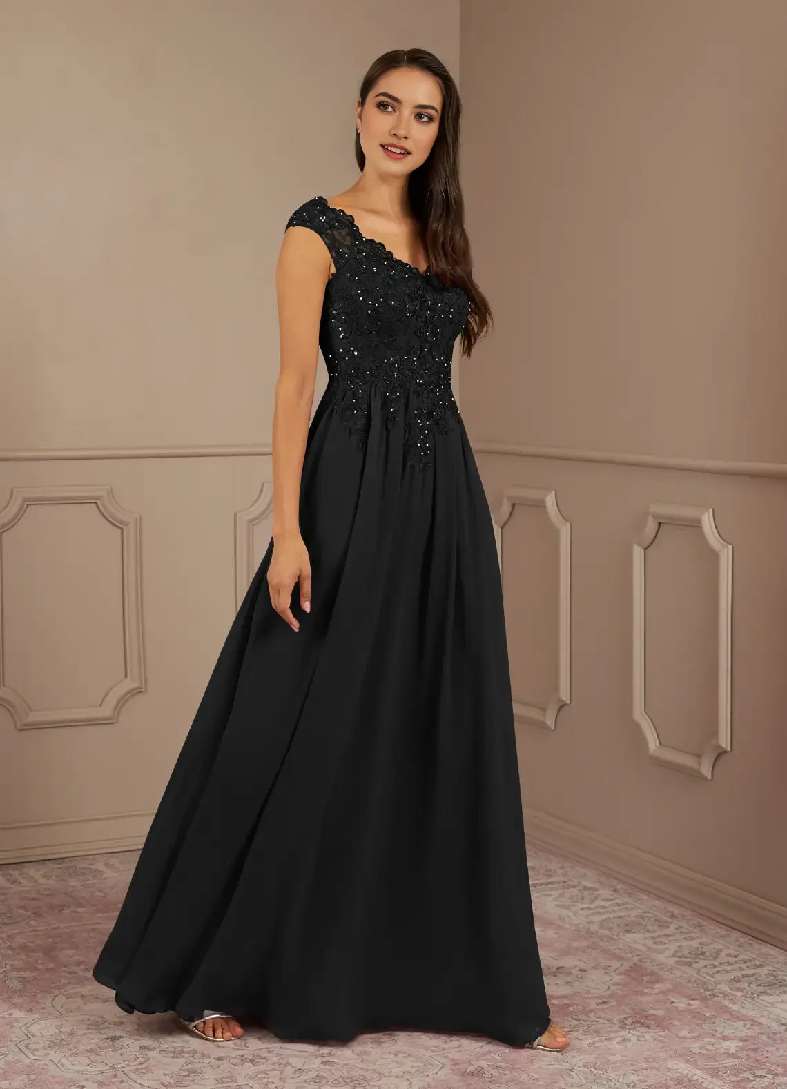 Black A-Line V-Neck Sequins no sleeves Bodice Mother of the Bride Dresses