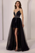 Black A-Line Deep V -Neck Spaghetti Strap Back Zip Floor-Length Black Slit Prom Dresses with Crystal Embellishments