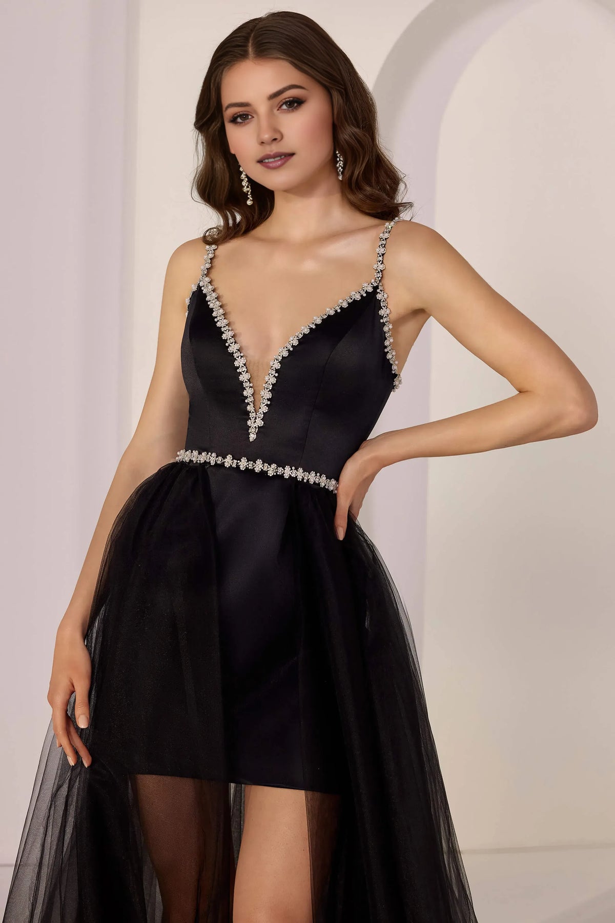 Black A-Line Deep V -Neck Spaghetti Strap Back Zip Floor-Length Black Slit Prom Dresses with Crystal Embellishments