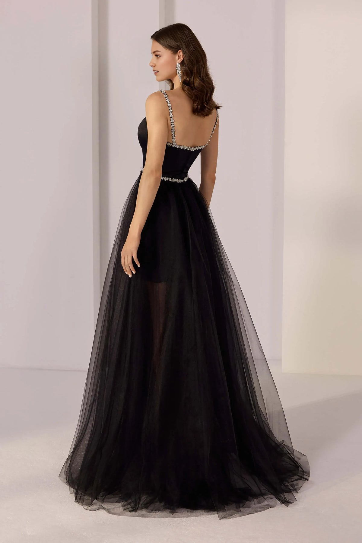 Black A-Line Deep V -Neck Spaghetti Strap Back Zip Floor-Length Black Slit Prom Dresses with Crystal Embellishments