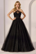 Black A-line Halter-Neck Sleeveless Back Zip Floor-Length Glitter Prom Dresses with Sheer Bodice