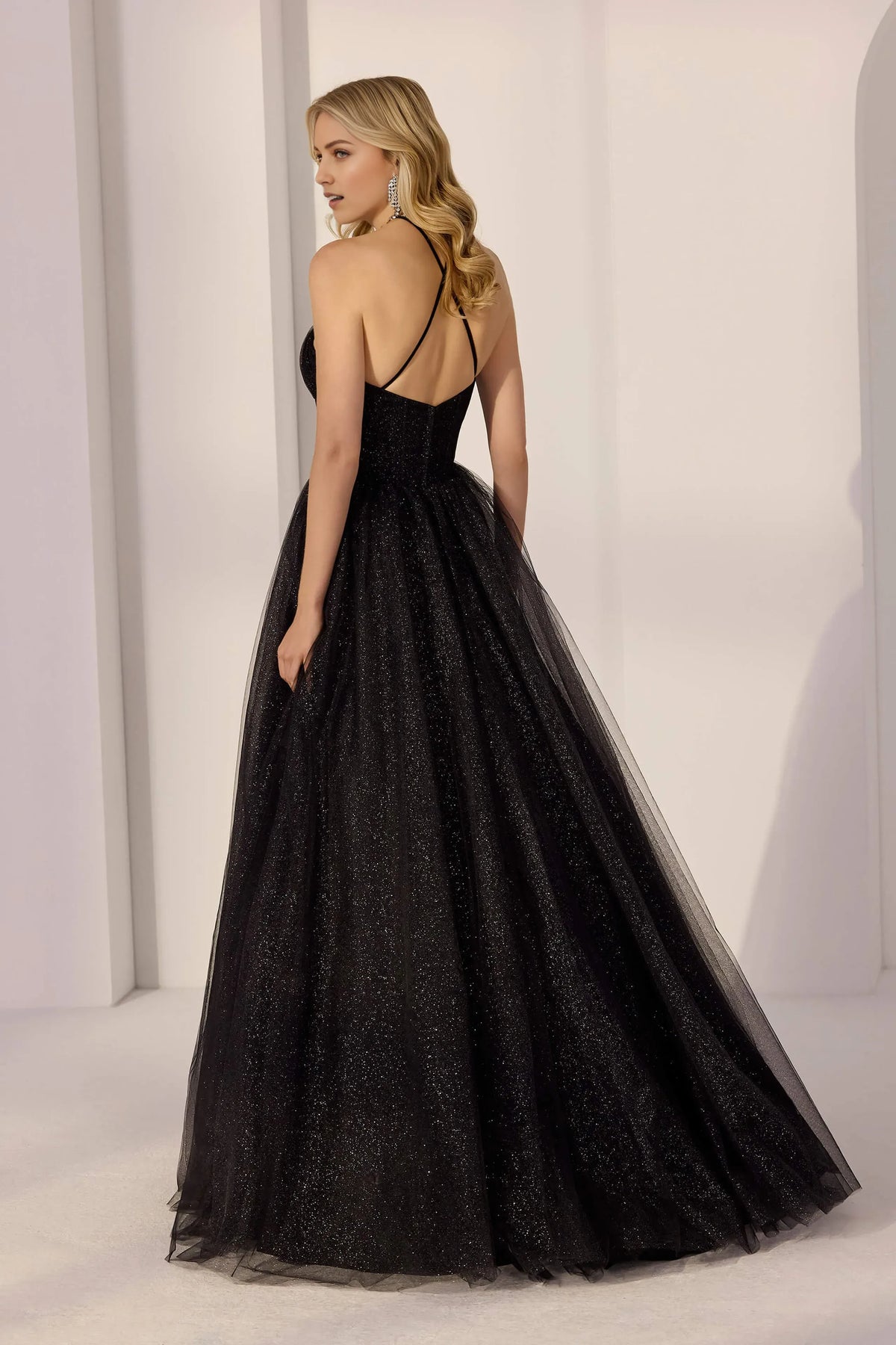 Black A-line Halter-Neck Sleeveless Back Zip Floor-Length Glitter Prom Dresses with Sheer Bodice