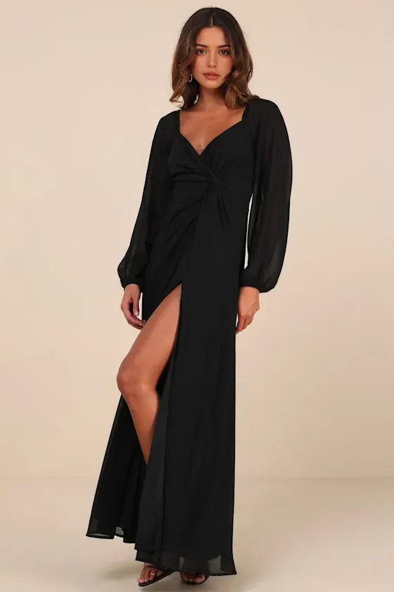 Black Evening Dresses with Long Sheer Sleeves Twisted Front Detail and High Side Slit