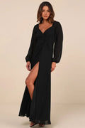 Black Evening Dresses with Long Sheer Sleeves Twisted Front Detail and High Side Slit