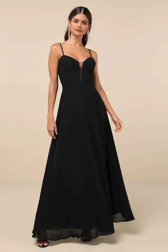 Black Evening Dresses with Spaghetti Straps and Sheer Bust Detail Perfect for Sophisticated Formal Galas