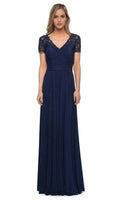 Black Evening Dress with Cap Sleeves V Neckline and Ruched Bodice for Formal Occasions