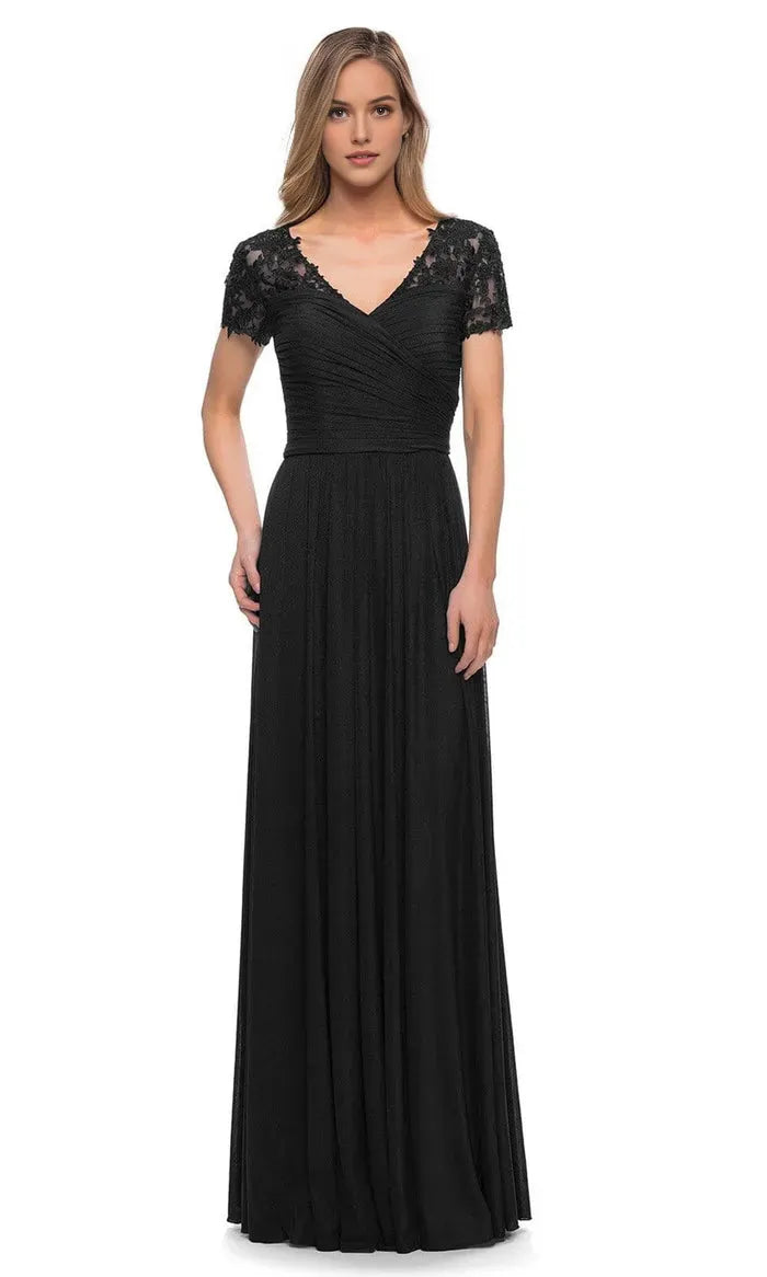 Black Evening Dress with Cap Sleeves V Neckline and Ruched Bodice for Formal Occasions
