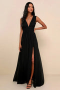 Black Evening Gown with Plunging V - Neck Ruched Waist High Side Slit Perfect for Sophisticated Formal Galas