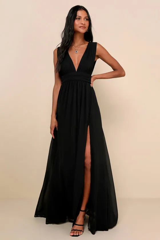 Black Evening Gown with Plunging V - Neck Ruched Waist High Side Slit Perfect for Sophisticated Formal Galas
