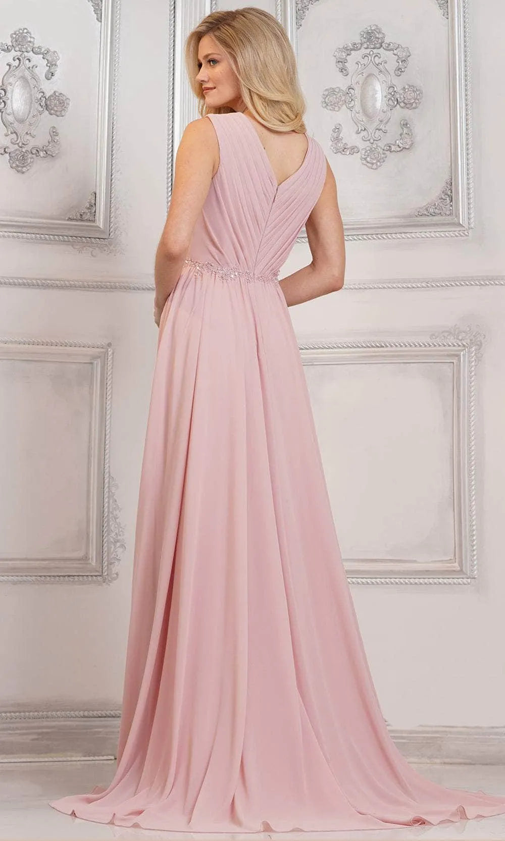 Black Evening Gown with V - Neckline Sheer Insert Pleated Bodice Waistband and Flowing A - Line Skirt for Formal Galas and Special Occasions