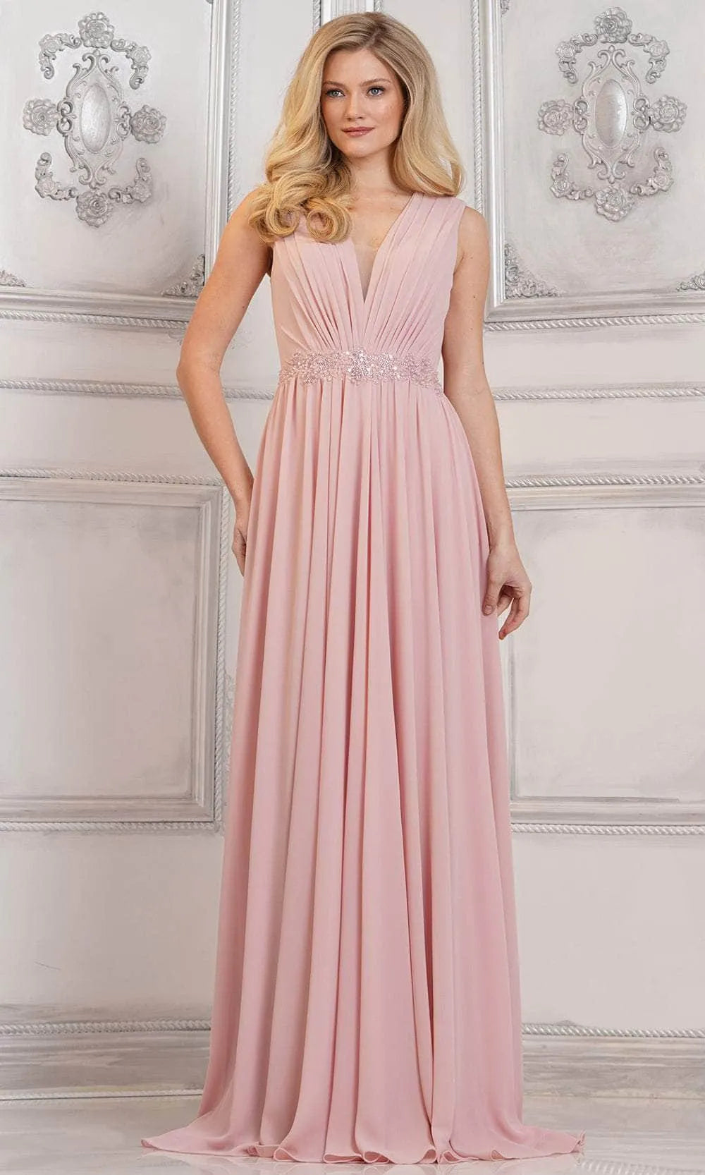 Black Evening Gown with V - Neckline Sheer Insert Pleated Bodice Waistband and Flowing A - Line Skirt for Formal Galas and Special Occasions