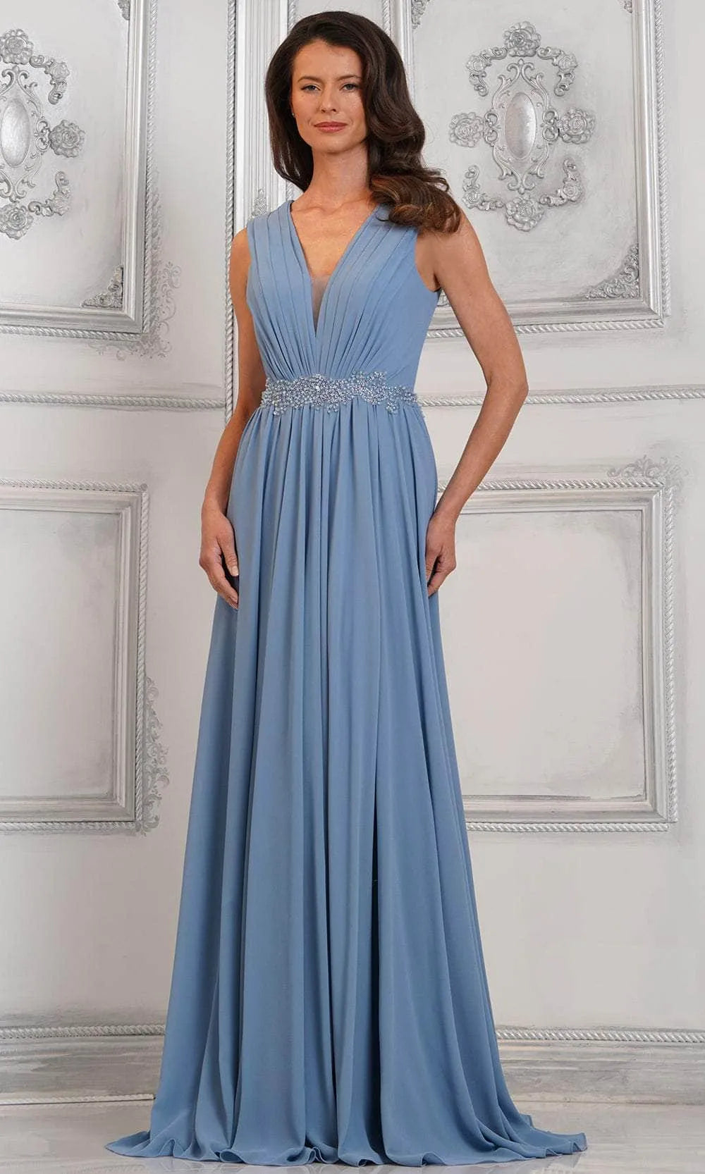 Black Evening Gown with V - Neckline Sheer Insert Pleated Bodice Waistband and Flowing A - Line Skirt for Formal Galas and Special Occasions