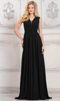 Black Evening Gown with V - Neckline Sheer Insert Pleated Bodice Waistband and Flowing A - Line Skirt for Formal Galas and Special Occasions