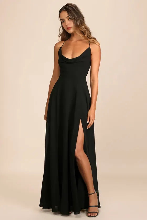 Black Long Evening Dresses with Cowl Neckline Spaghetti Straps and High Side Slit