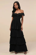 Black Off - Shoulder Evening Dress with Ruffled Neckline and Tiered Pleated Maxi Skirt A Sophisticated Choice for Formal