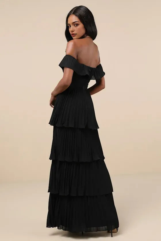 Black Off - Shoulder Evening Dress with Ruffled Neckline and Tiered Pleated Maxi Skirt A Sophisticated Choice for Formal