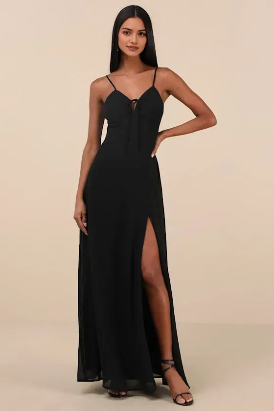Black Prom Dress with Spaghetti Straps Plunging V - Neckline Tie Front Keyhole and High Thigh Side Slit for Formal Occasions