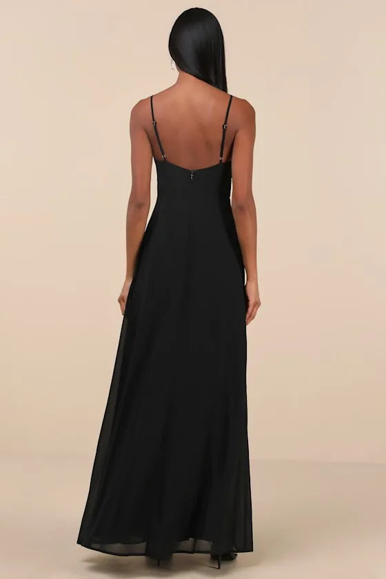 Black Prom Dress with Spaghetti Straps Plunging V - Neckline Tie Front Keyhole and High Thigh Side Slit for Formal Occasions