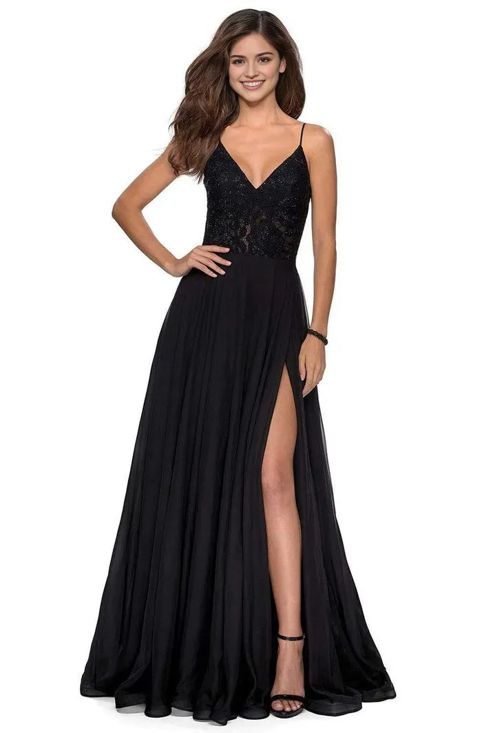 Black Prom Dress with Sparkling Bodice and High Side Slit for Formal Galas