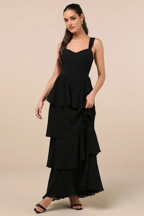 Black Prom Dress with Wide Straps Sweetheart Neckline Asymmetric Tiered Ruffle Skirt for Formal Occasions
