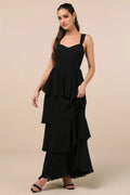 Black Prom Dress with Wide Straps Sweetheart Neckline Asymmetric Tiered Ruffle Skirt for Formal Occasions