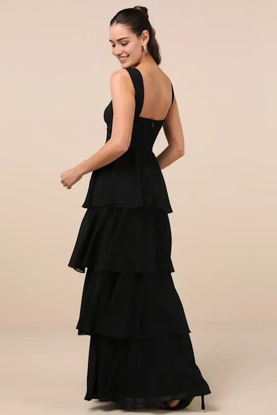 Black Prom Dress with Wide Straps Sweetheart Neckline Asymmetric Tiered Ruffle Skirt for Formal Occasions
