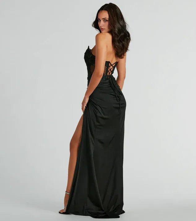Black Corset Strapless Back Zip Floor-length Side Leg Slit prom dress for women