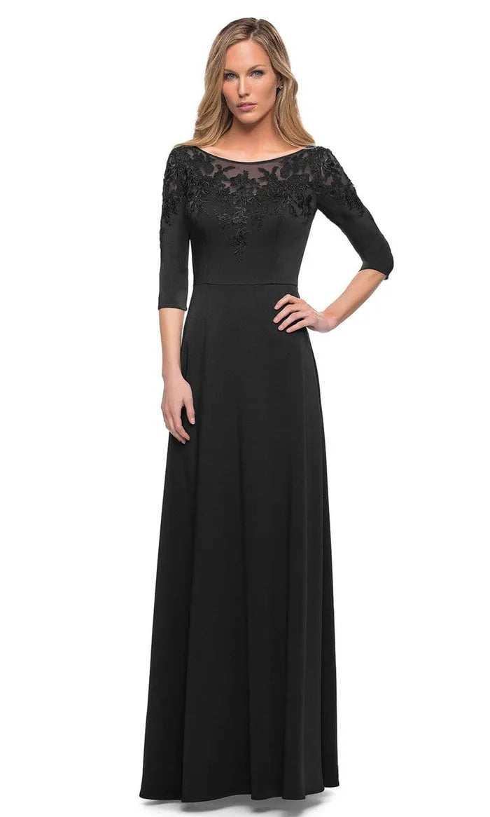 Black Evening Gown with Boat Neckline Sheer Yoke 3/4 Sleeves and Flowing A Line Skirt for Formal Galas and Sophisticated Occasions