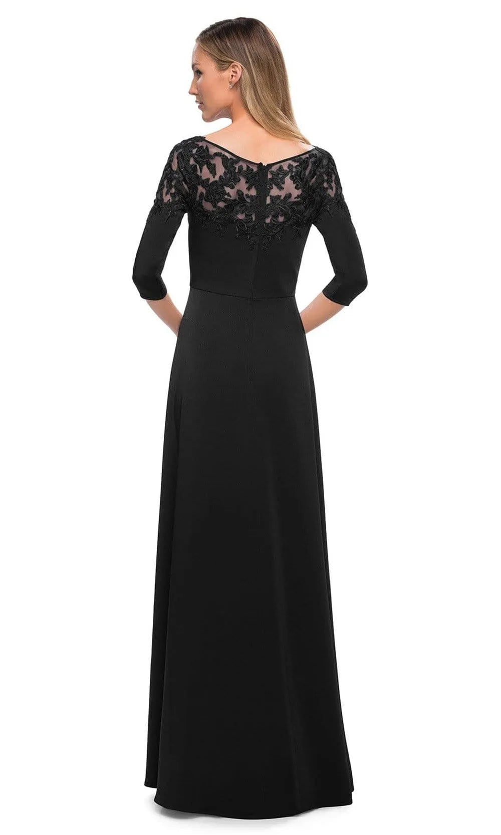 Black Evening Gown with Boat Neckline Sheer Yoke 3/4 Sleeves and Flowing A Line Skirt for Formal Galas and Sophisticated Occasions