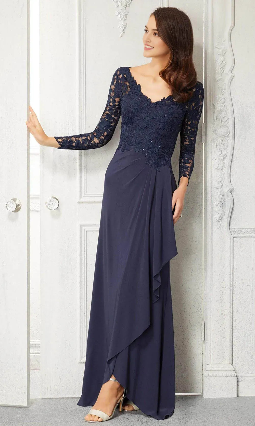 Black Evening Gown with V Neckline 3/4 Sleeves Floral Bodice and Asymmetric Draped Skirt