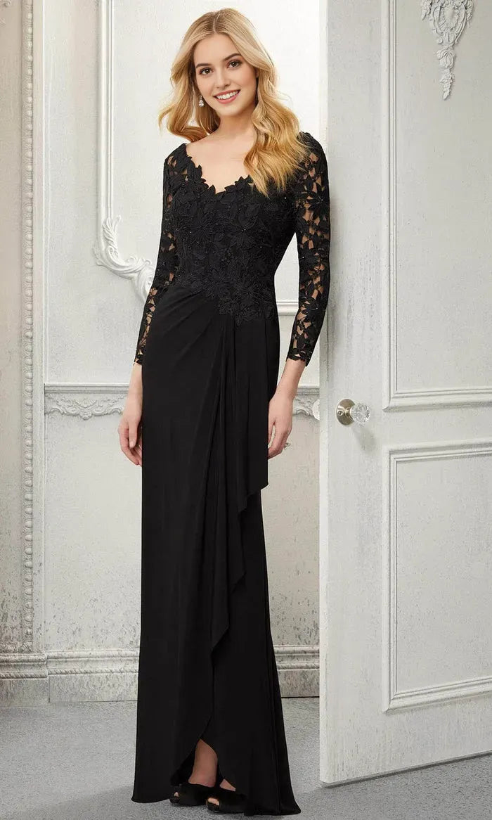 Black Evening Gown with V Neckline 3/4 Sleeves Floral Bodice and Asymmetric Draped Skirt