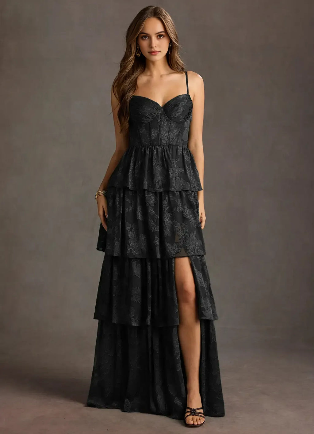 Black Floral - Jacquard Prom Dress with Spaghetti Straps Tiered Skirt and Side Slit for Formal Galas