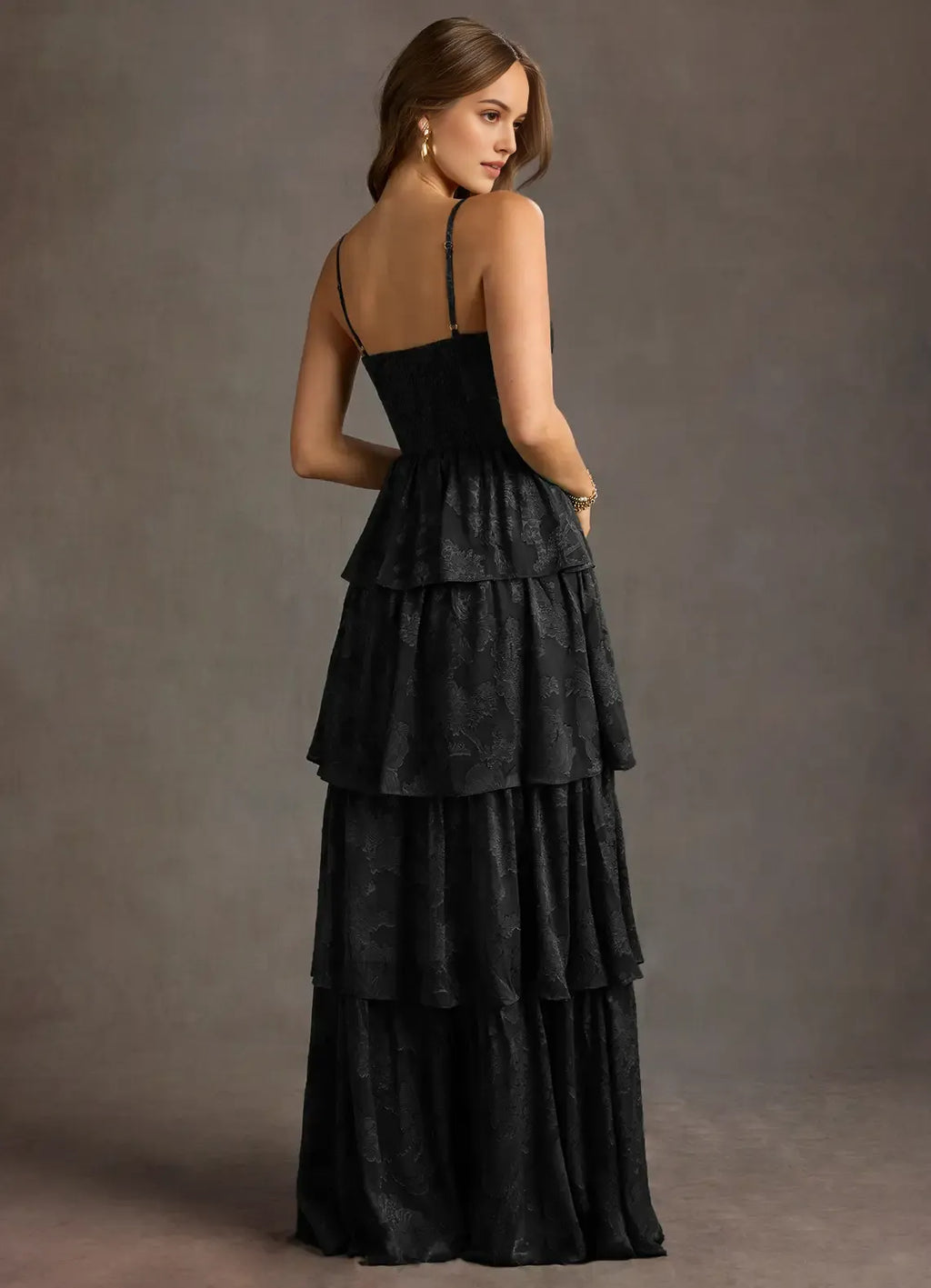 Black Floral - Jacquard Prom Dress with Spaghetti Straps Tiered Skirt and Side Slit for Formal Galas