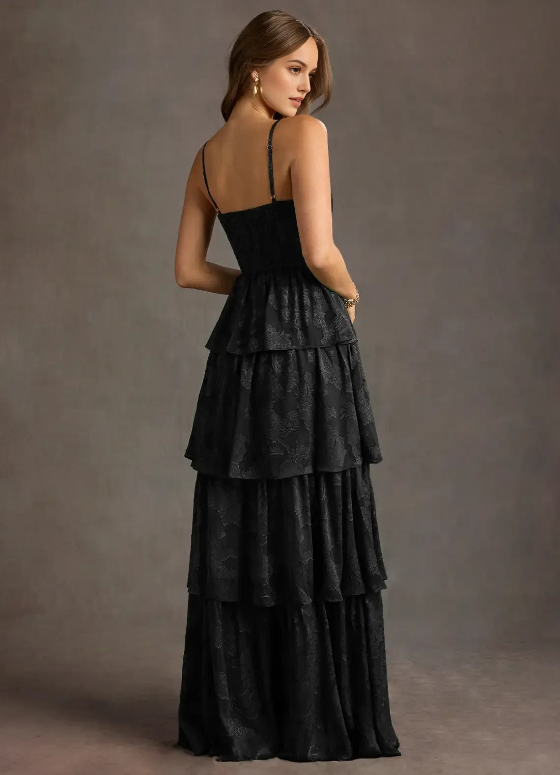 Black Floral - Jacquard Prom Dress with Spaghetti Straps Tiered Skirt and Side Slit for Formal Galas