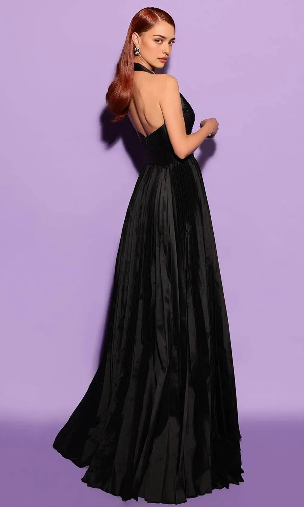 Black Halter Evening Gown featuring Pleated Design Cross Over Bodice and Floor Length Fit to Elevate Your Night