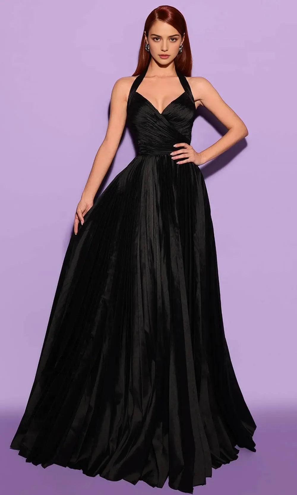 Black Halter Evening Gown featuring Pleated Design Cross Over Bodice and Floor Length Fit to Elevate Your Night