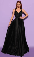 Black Halter Evening Gown featuring Pleated Design Cross Over Bodice and Floor Length Fit to Elevate Your Night
