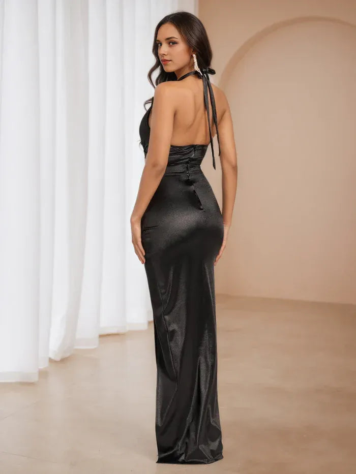 Black Halter Gown Deep V - Neck Ruched Fit for Glamorous Evenings