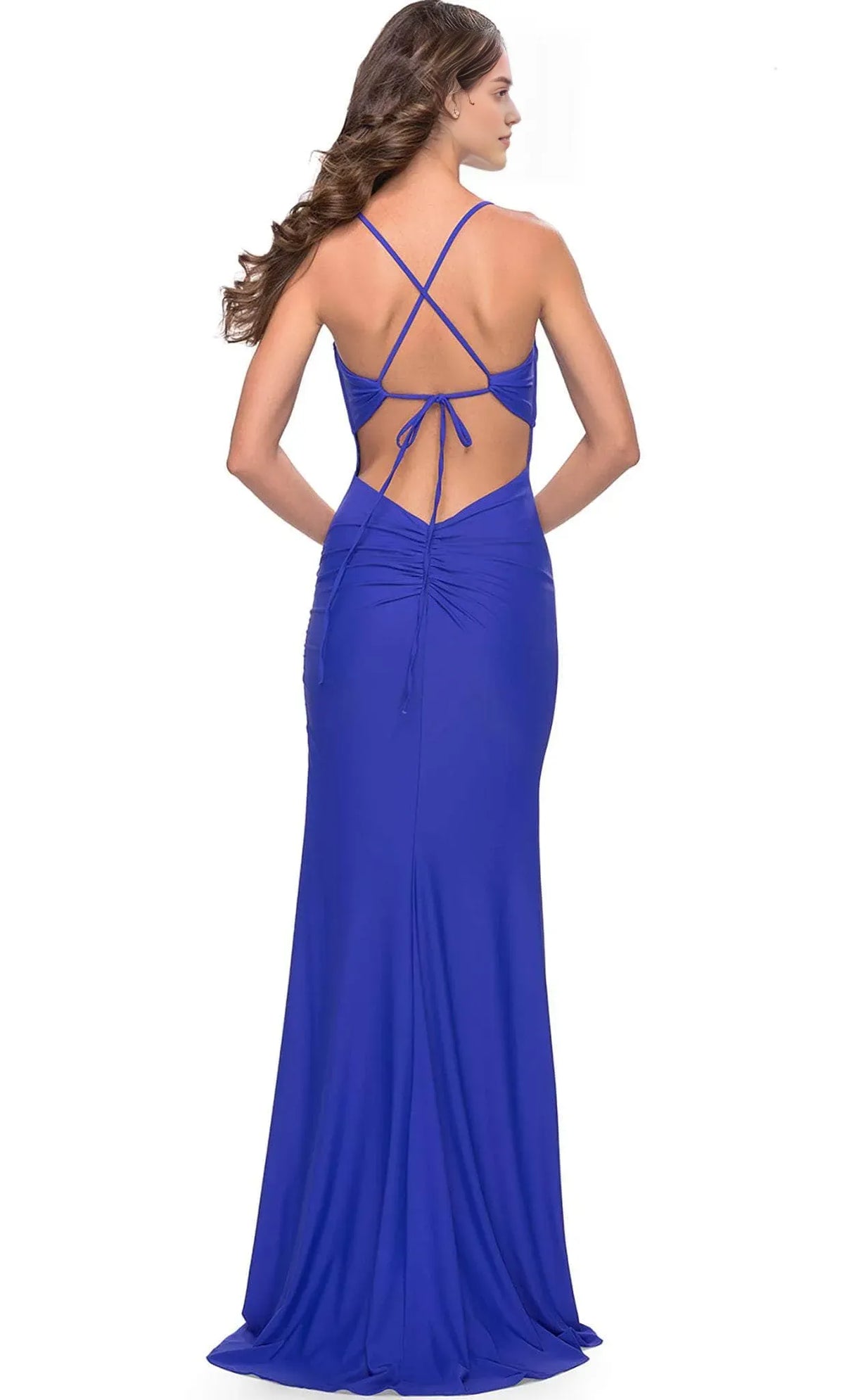Black Knit Prom Gown with Ruched Detailing and High Slit for Formal Occasions