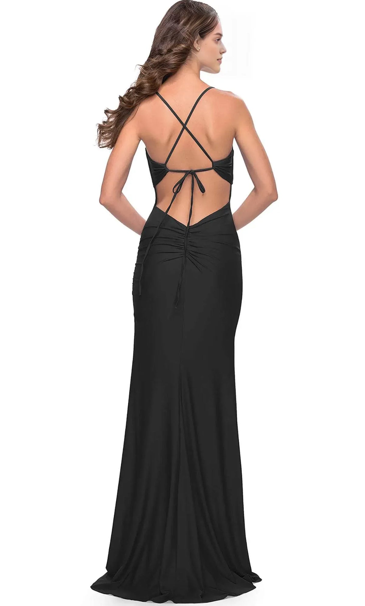 Black Knit Prom Gown with Ruched Detailing and High Slit for Formal Occasions
