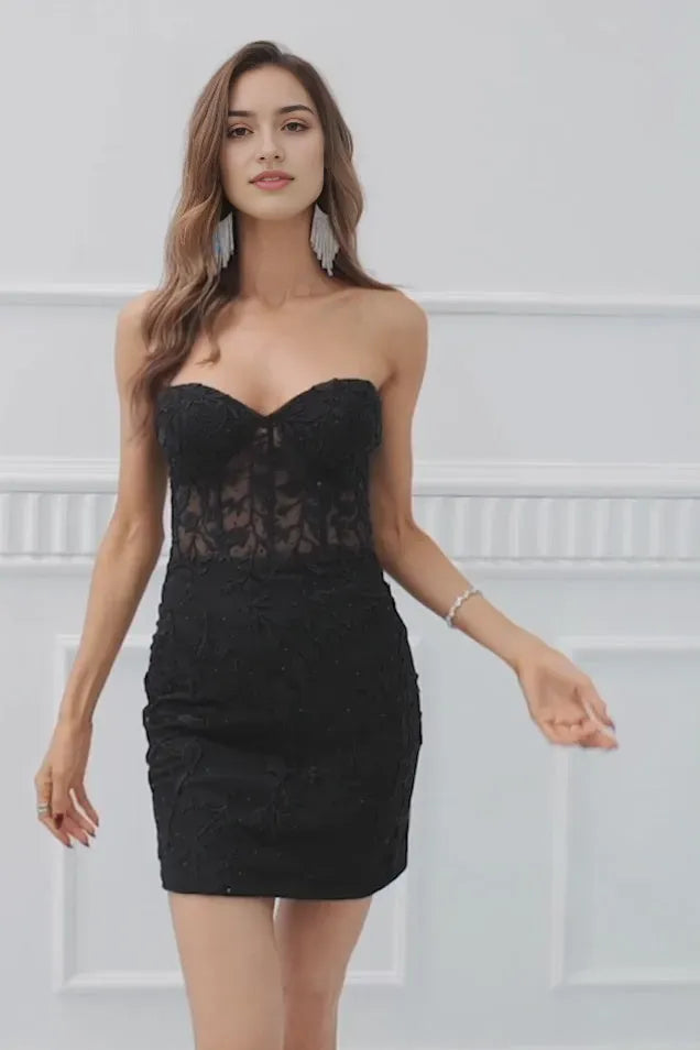 Black Strapless Homecoming Dress with Floral Embroidery