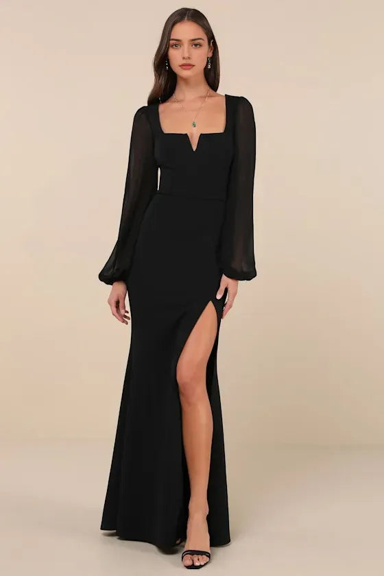 Black Long Sleeve Evening Dresses with Square Neckline and High Side Slit Perfect for Sophisticated Galas