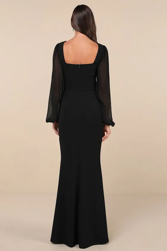 Black Long Sleeve Evening Dresses with Square Neckline and High Side Slit Perfect for Sophisticated Galas