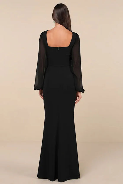 Elegant Black Slit A-Line Square-Neck Long-Sleeve Classic-Back Floor-Length Evening Dress