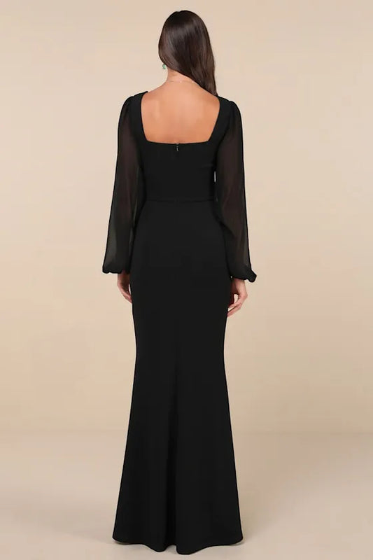 Elegant Black Slit A-Line Square-Neck Long-Sleeve Classic-Back Floor-Length Evening Dress
