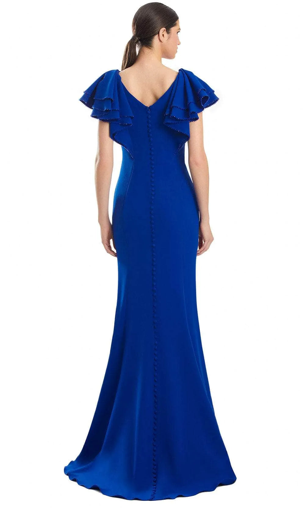 Black Mermaid Evening Gown with V Neckline Ruffled Flutter Sleeves Adorned with Delicate Trim and Figure Hugging Silhouette for Formal Galas and Special Occasions