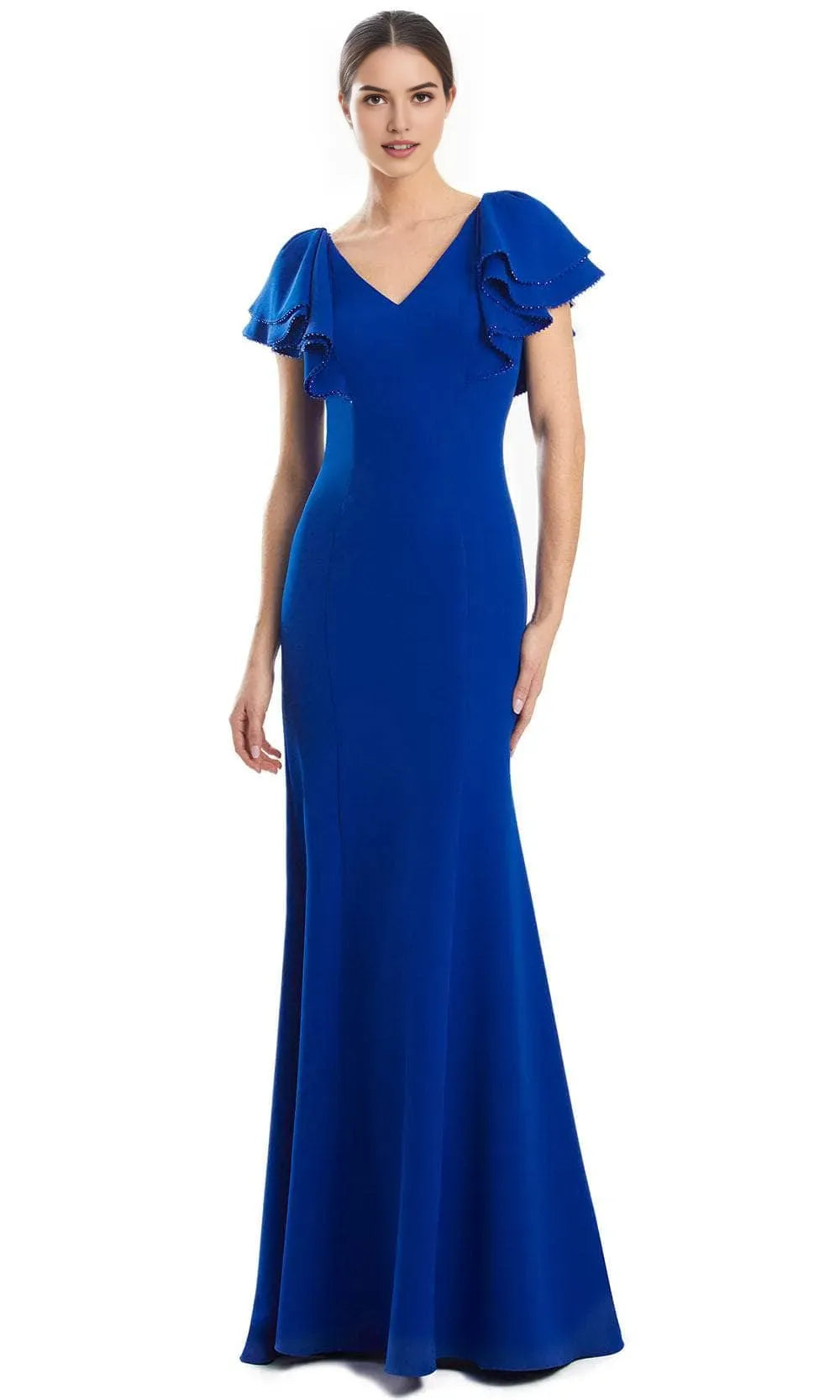 Black Mermaid Evening Gown with V Neckline Ruffled Flutter Sleeves Adorned with Delicate Trim and Figure Hugging Silhouette for Formal Galas and Special Occasions