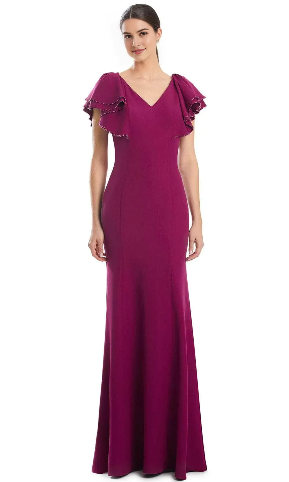 Black Mermaid Evening Gown with V Neckline Ruffled Flutter Sleeves Adorned with Delicate Trim and Figure Hugging Silhouette for Formal Galas and Special Occasions