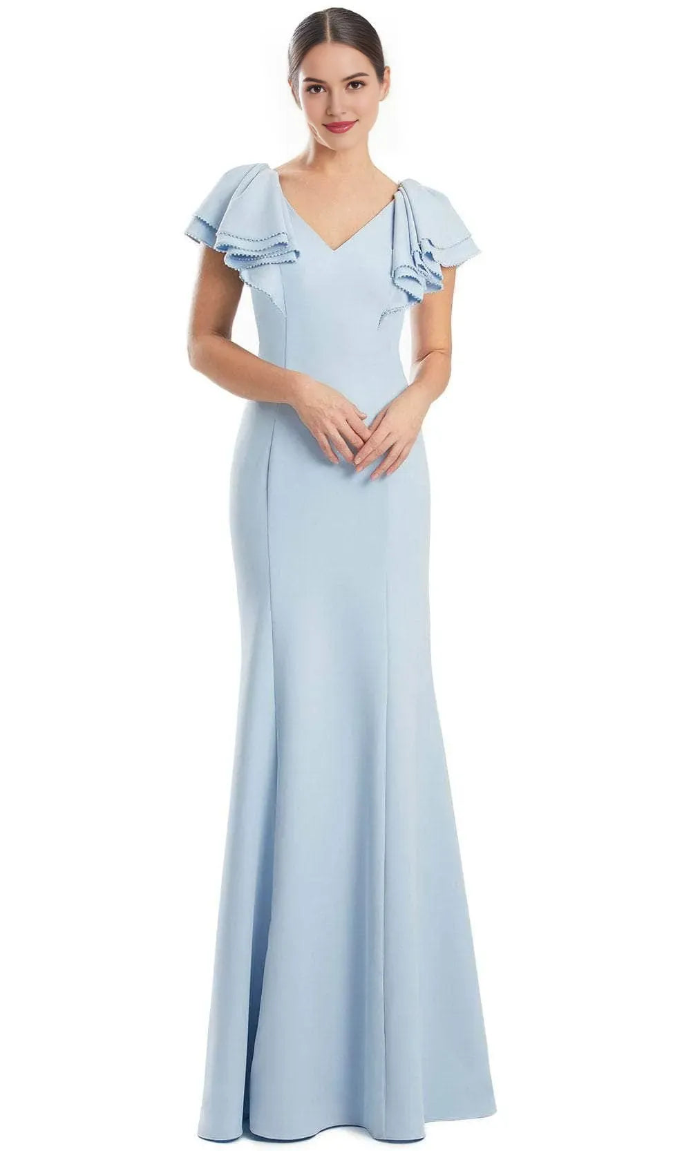 Black Mermaid Evening Gown with V Neckline Ruffled Flutter Sleeves Adorned with Delicate Trim and Figure Hugging Silhouette for Formal Galas and Special Occasions